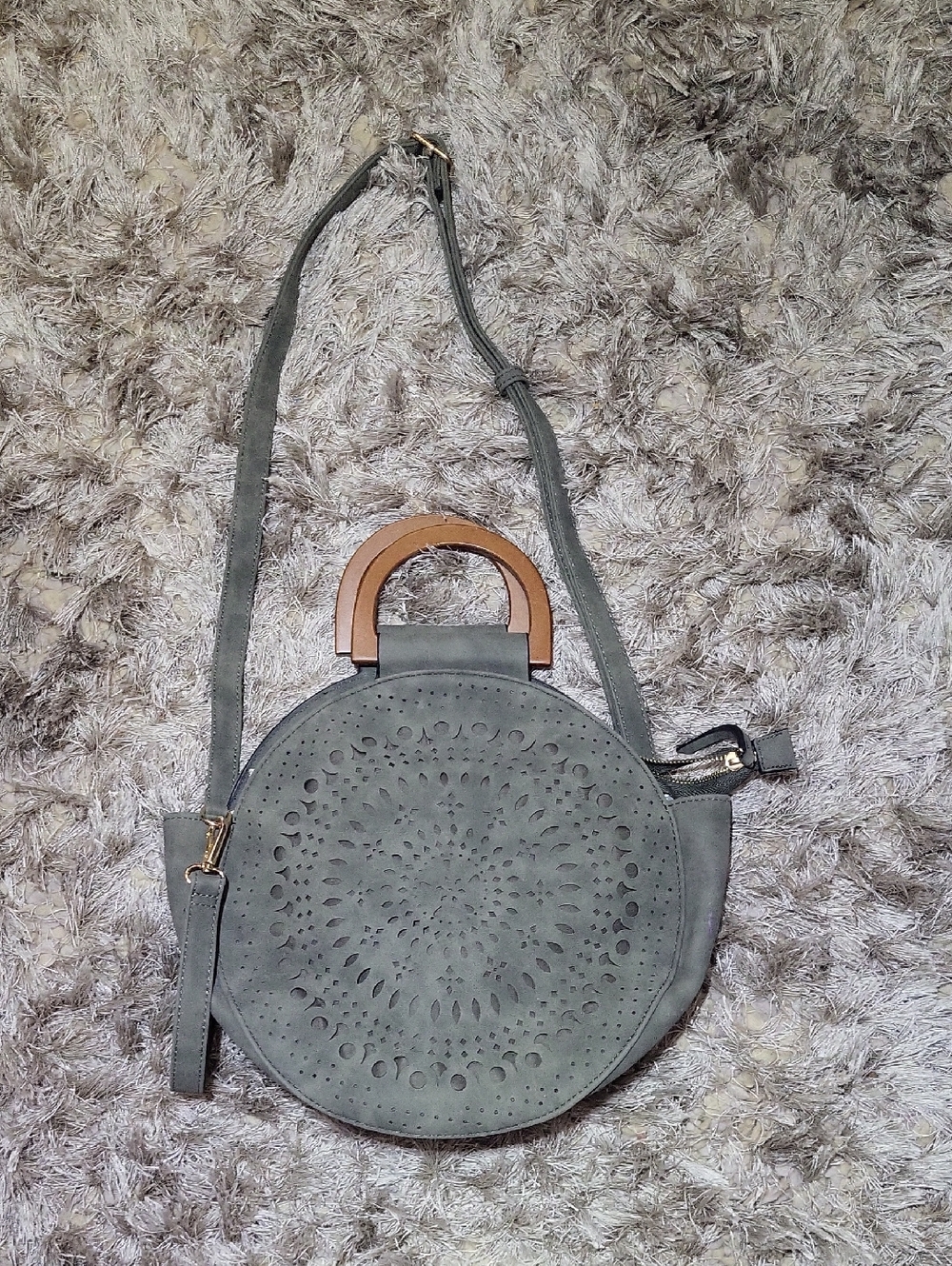 Gray Suede Round Crossbody Bag with Wooden Handle